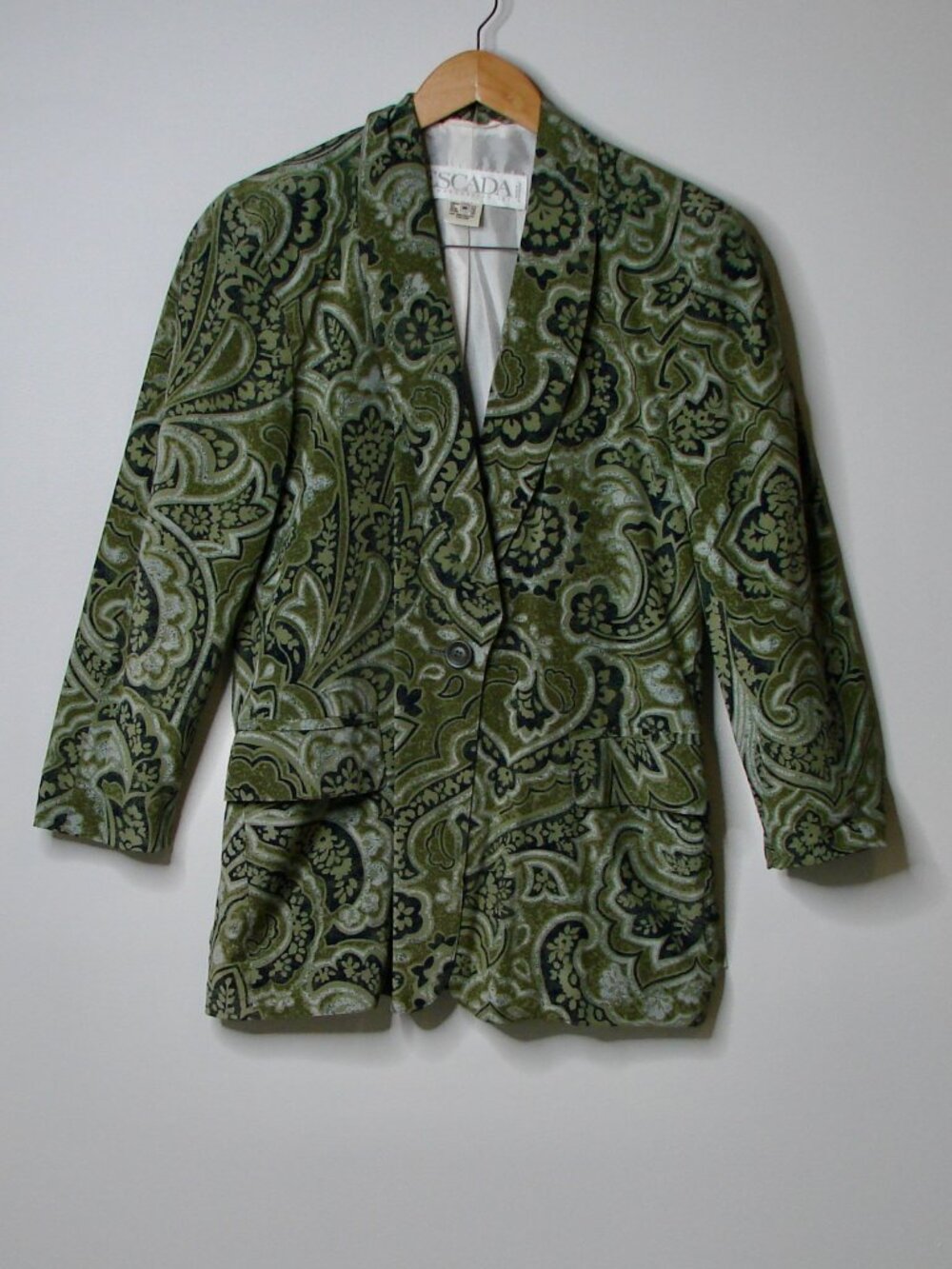 Escada 100% Silk Blazer Jacket Green Navy Blue Floral Oversized 80s 90s Size 36